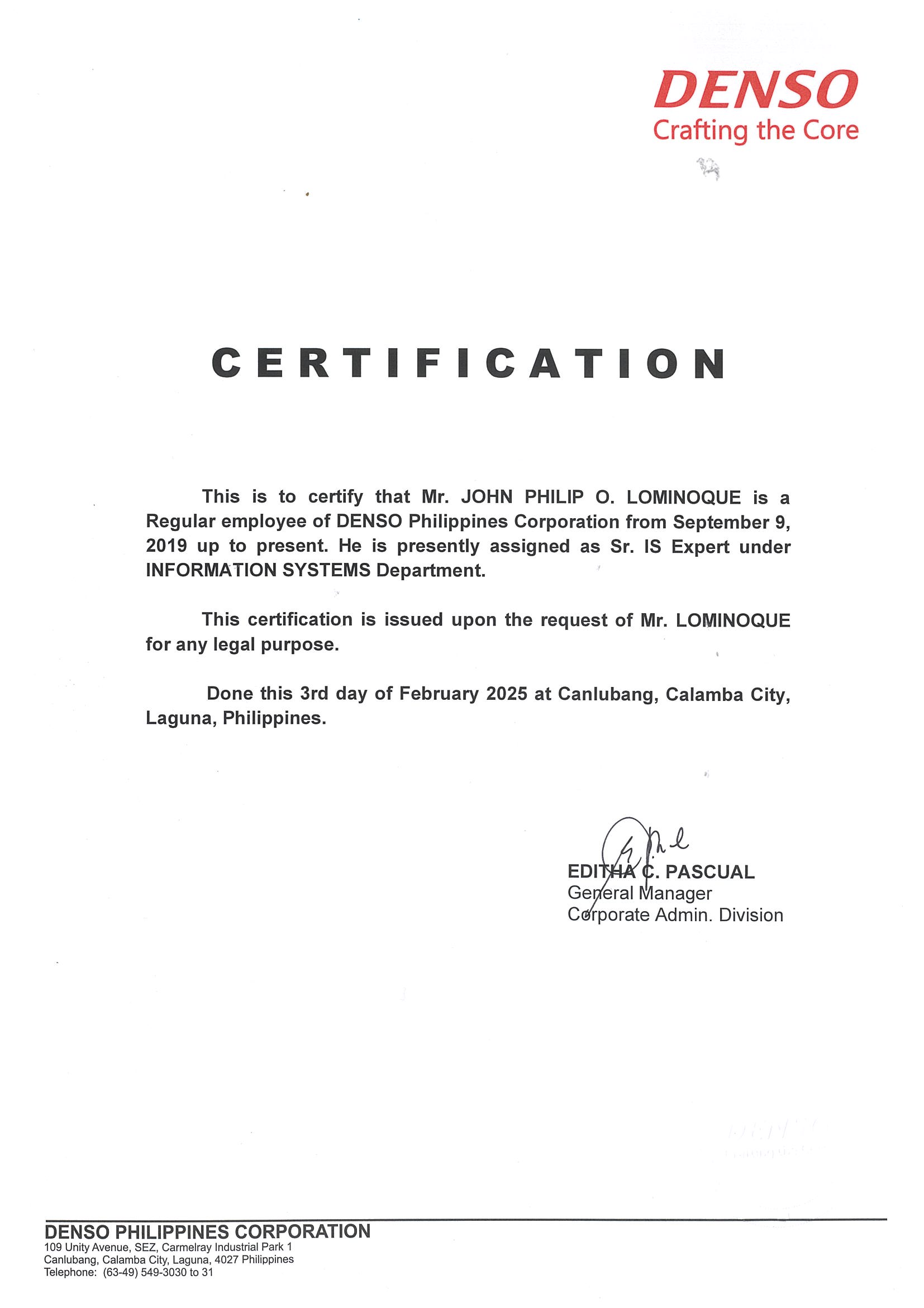 Certificate of Employment: Denso Philippines Corporation