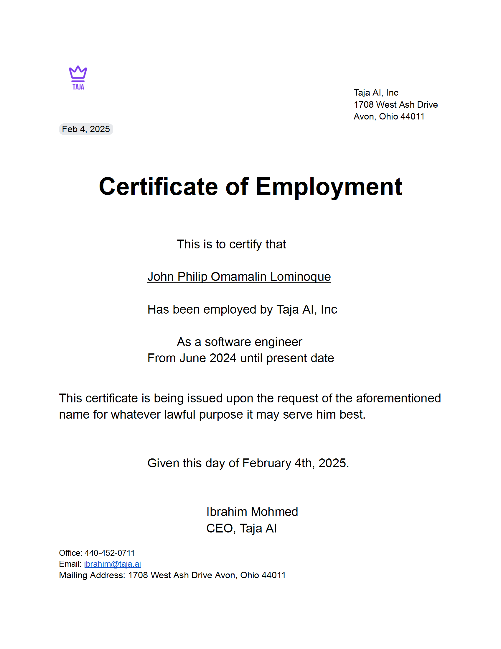 Certificate of Employment: Taja AI