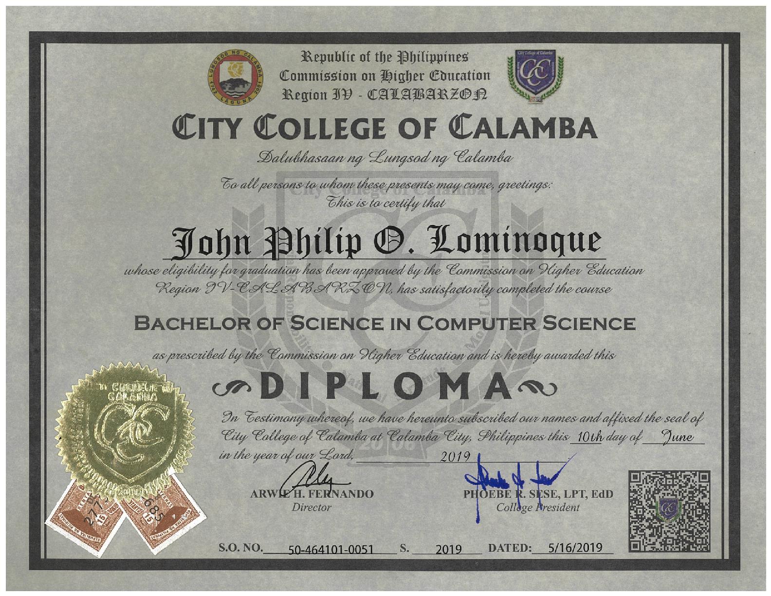 Diploma: Bachelor of Science in Computer Science