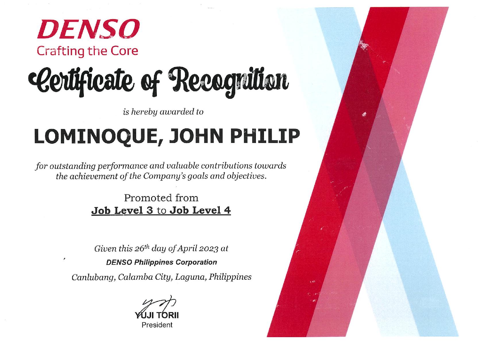 My Senior Promotion Certification on Denso Philippines Corporation